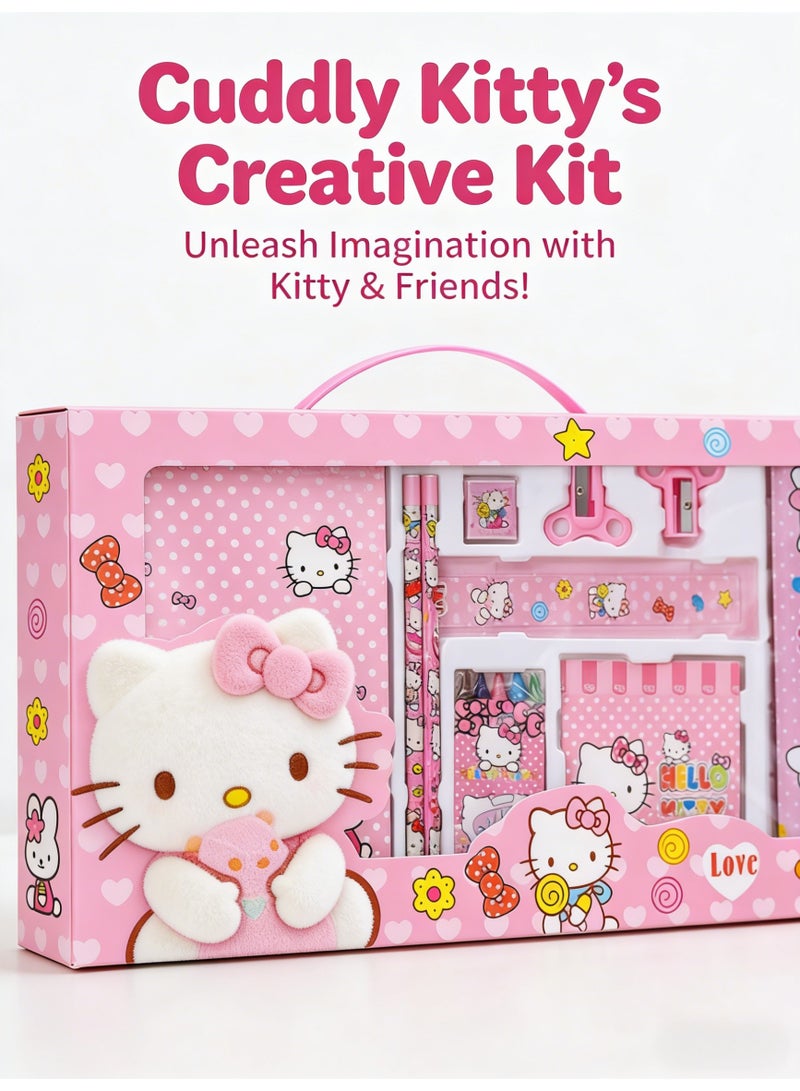 Hello Kitty 16-piece student stationery set, school supplies gift box set, suitable for primary school students, including pencils, erasers, pencil sharpeners-pencil cases-colored crayons-notebooks, etc. Birthday gift for back-to-school season - Image 2